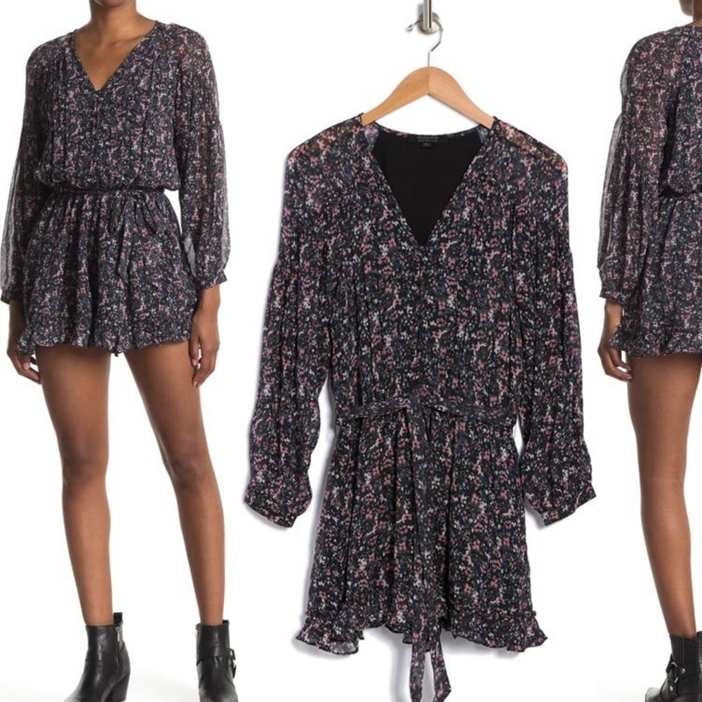 NWT Allsaints Size 0 Kaylee Stretch Floral Romper V-neck Long Sleeves Viscose